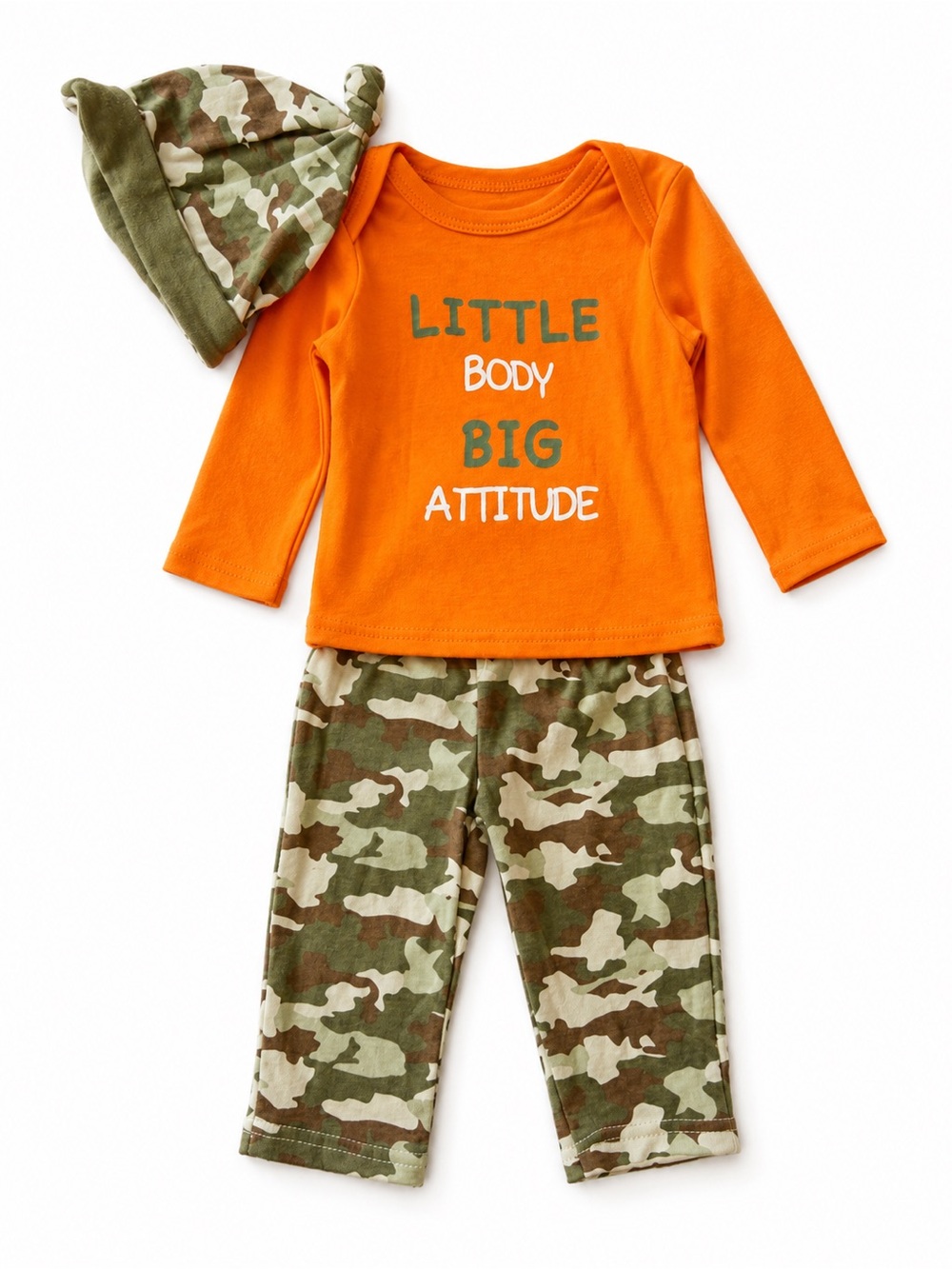 NWT 3pOrange Baby Outfit Set with Camo Pants & Hat - "Little Body Big Attitude"